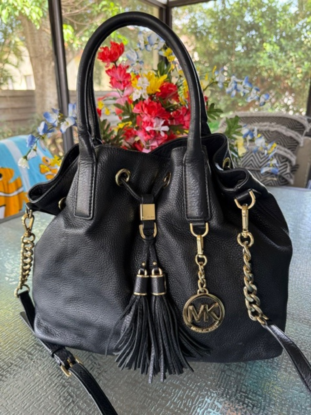 Michael Kors Black Pebbled Leather Tassel Drawstring Satchel with Gold Hardware